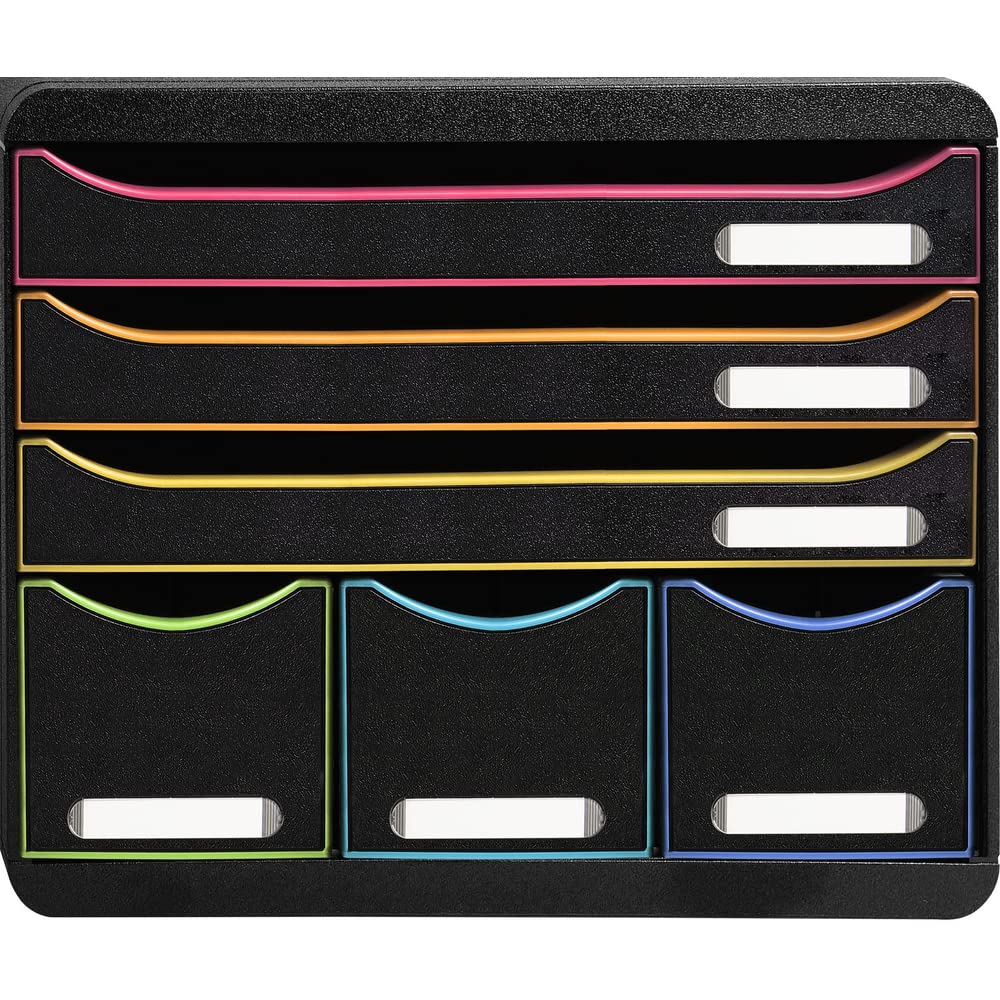 Exacompta 306914D Ablagebox Harlekin Querformat mit 6 Schubladen für DIN A+ Dokumente. Belastbare Schubladenbox mit hoher Kapazität für mehr Platz Store Box Blauer Engel Schwarz|Bunt