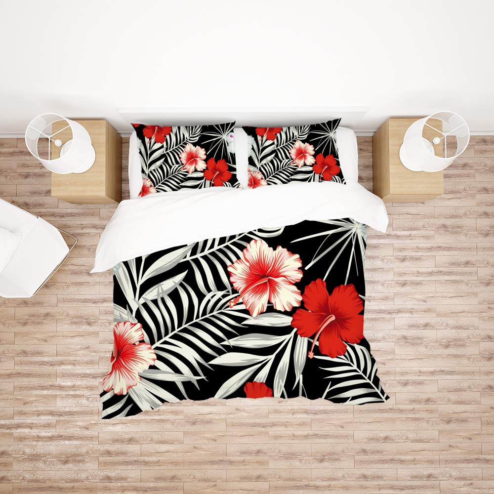 Housse de couette double motif floral rouge et blanc en polyester toutes saisons