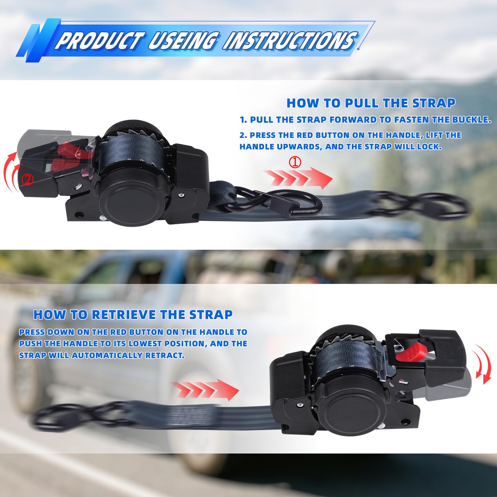 Paquete de 2 correas de trinquete retráctiles (1.5 pulgadas x 12 pies), correas de carga para maletero, motocicletas de garaje, ATV, remolques-WLL1,46.3 kg, BS: 1.0 kg (negro)