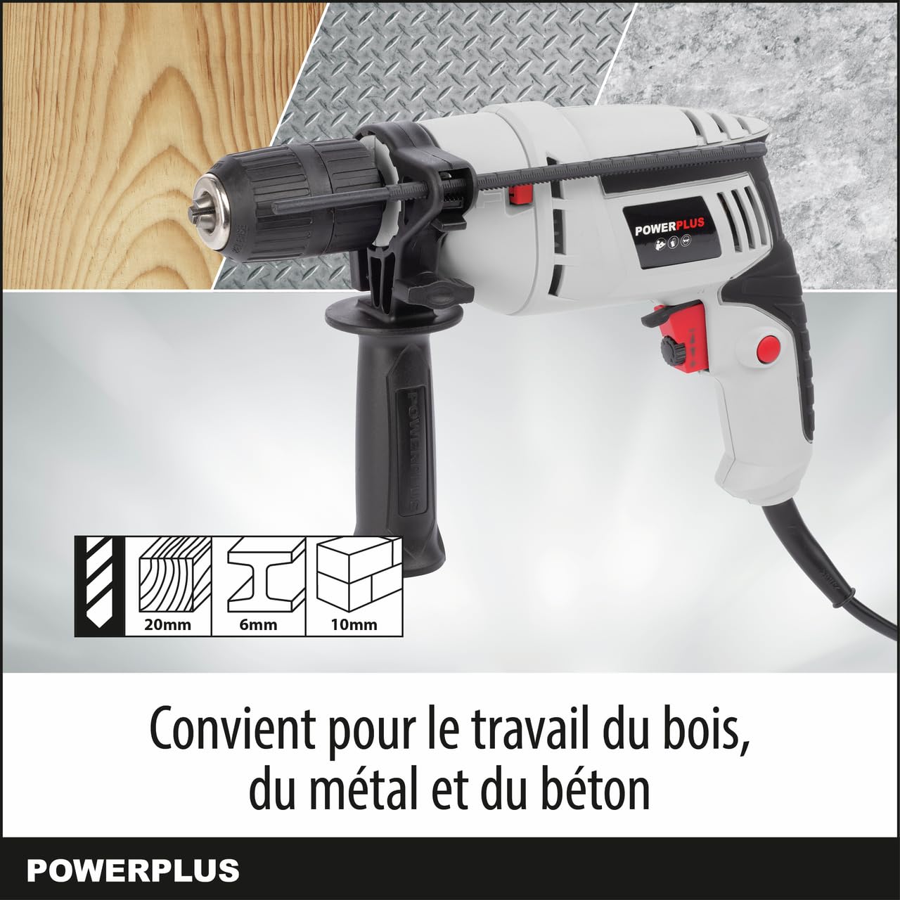 Powerplus Perceuse à Percussion Électrique POWC10200-2 en 1 : Perçage et Perçage à Percussion, Perceuse Filaire de 600 W, Vissage à Gauche et à Droite