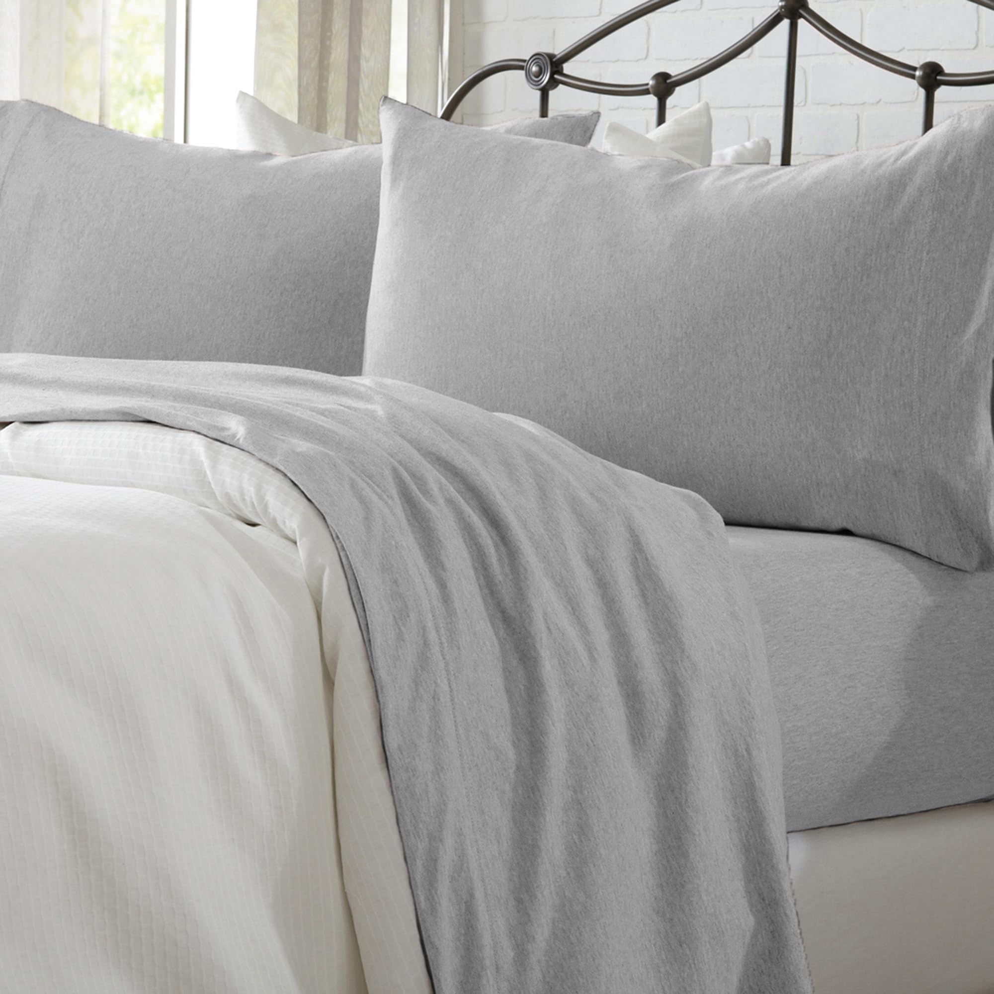Cotton Jersey Knit Full Sheet Set - Ultra-Soft, Stretchy, Heathered Melange Mid Grey Bed Sheets - Cozy, Soft T-Shirt Sheet & Pillowcase Set