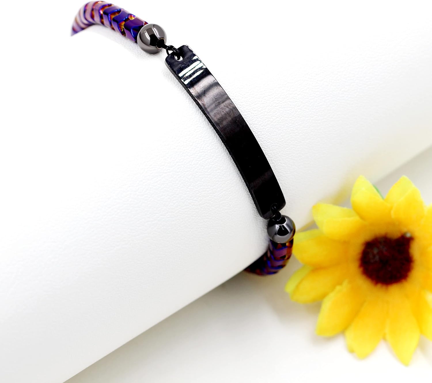 Customize Engraved Name Bracelet for Men Women - Purple Hematite Stone Beads Metal Chain Bracelet - Personalized Name ID Stainless Steel Chain Bracelet Y1904