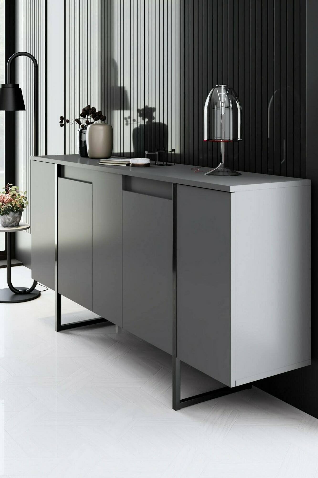 Dmora - Credenza Betel, Buffet da soggiorno, Madia da salotto, Dispensa da cucina, 160x35h80 cm, Antracite e Nero