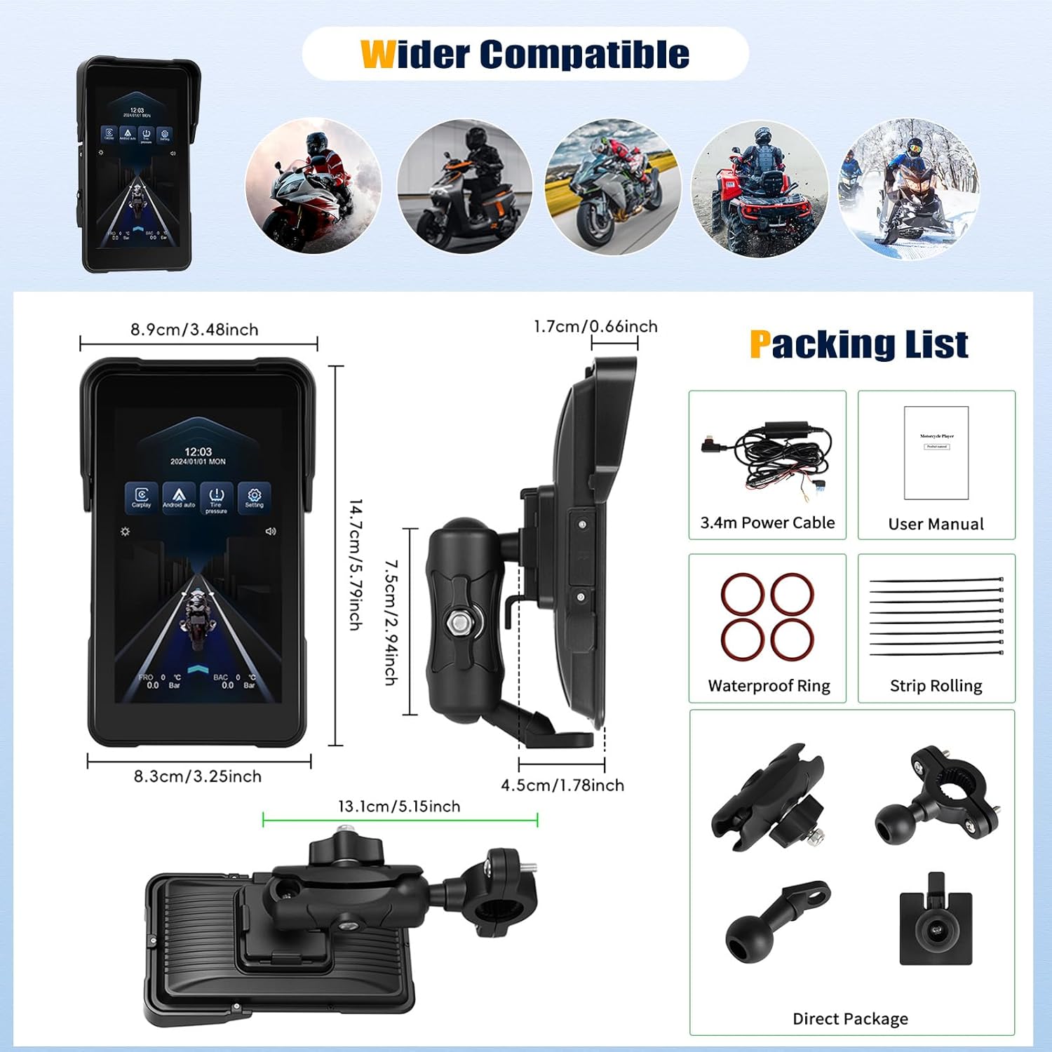 5" IPS Vertical Portable CarPlay Screen for Motorcycle with Wireless CarPlay&Android Auto,IP68 Waterproof,Bluetooth,Tire Pressure Monitoring,Voice Control,TF Port
