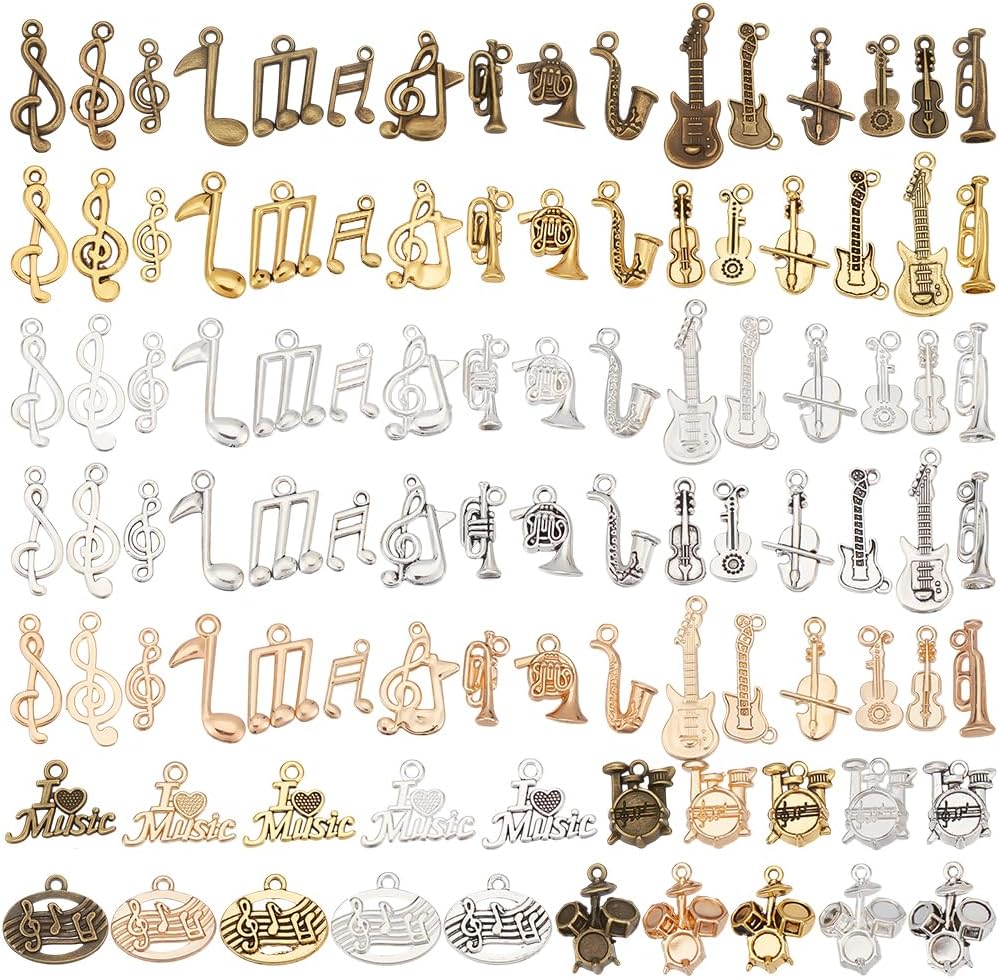 PH PandaHall 100pcs 5 Colors Music Charms Vintage Style Instrument Dangle Pendants Music Note Charms Alloy Musical Symbols for Earring Necklace Jewellery Making Keychain DIY Crafts 0.6~3.4 Inch