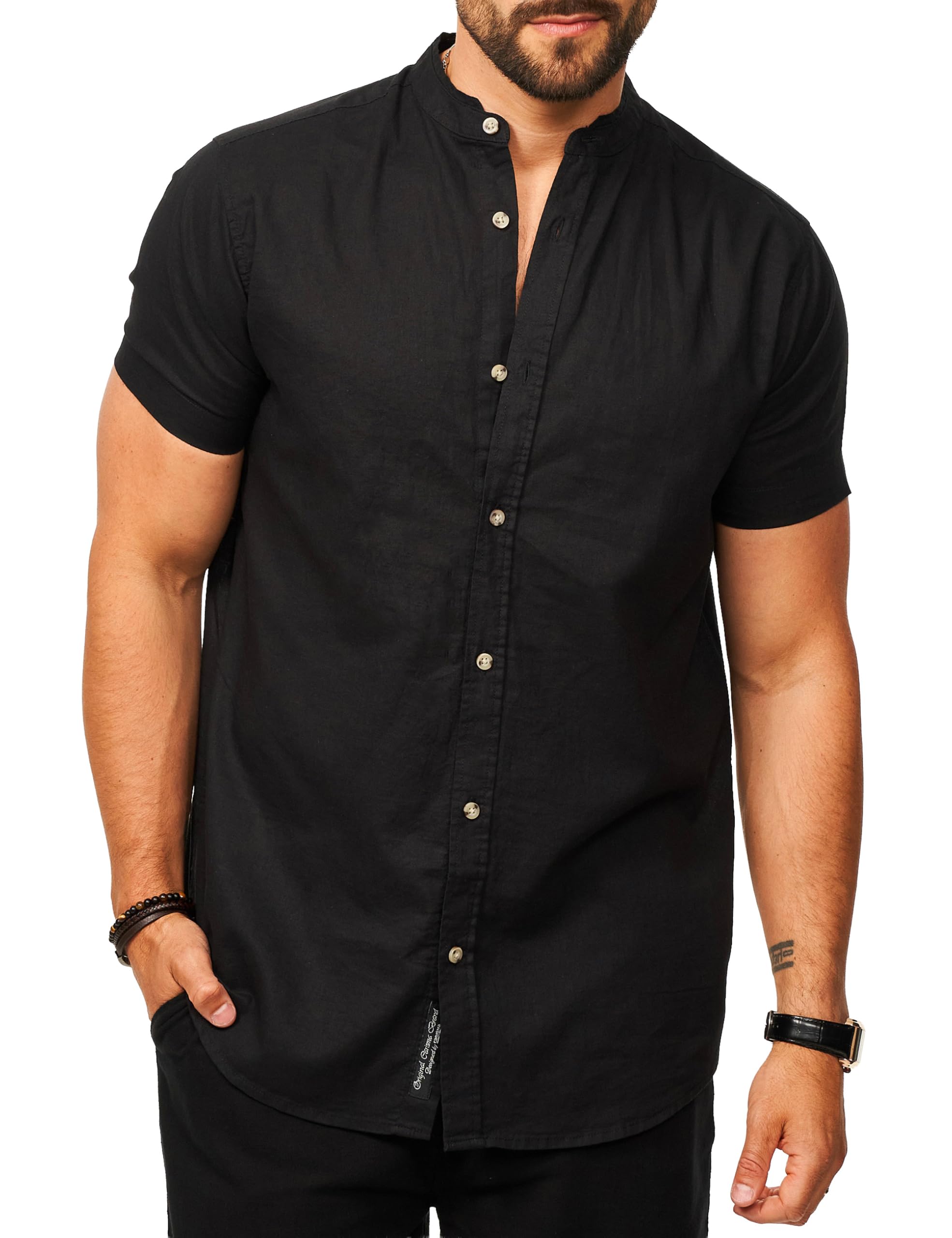 behype. Camicia da uomo a maniche corte in lino, per il tempo libero, vestibilità regolare, con colletto alto, estivo, per uomo