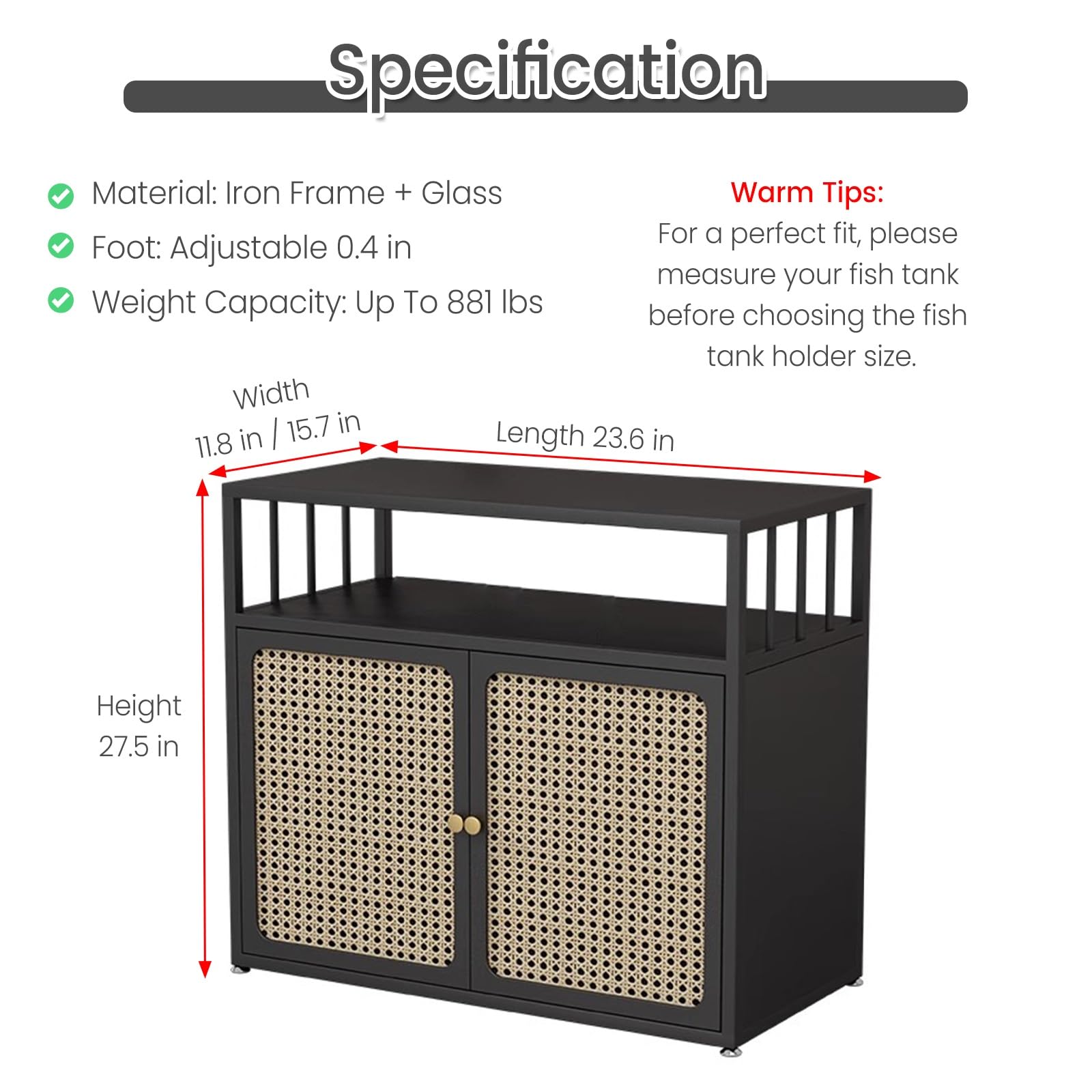 Support d'aquarium avec armoire de rangement, étagère robuste à 3 niveaux pour reptiles et aquariums, supporte jusqu'à 400 kg
