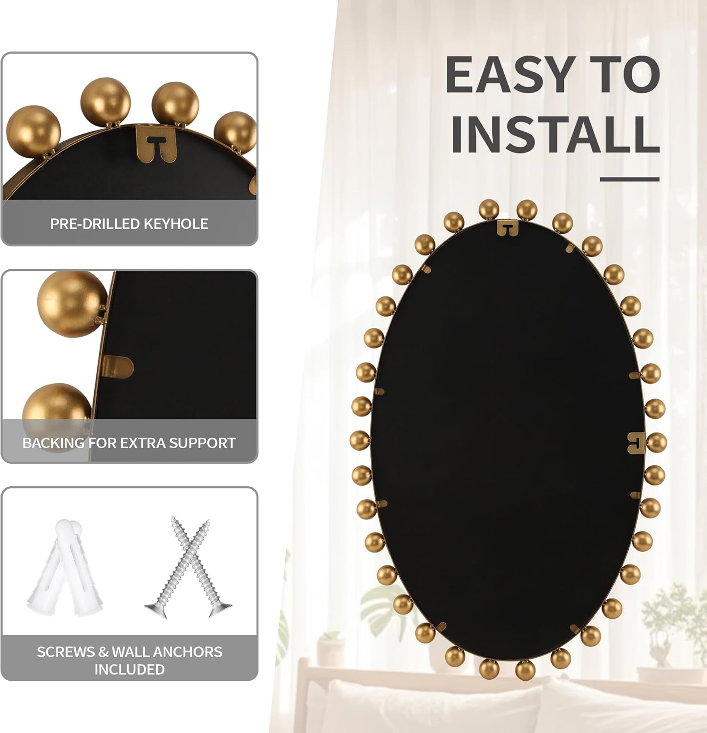 24"x36"Oval Wall Mounted Bathroom Mirror with Beveled Glass, Antique Gold Beaded Ball Frame, Vertical & Horizontal Hanging Vanity Wall Mirror for Bathroom, Bedroom, Entryway, Dressing Room