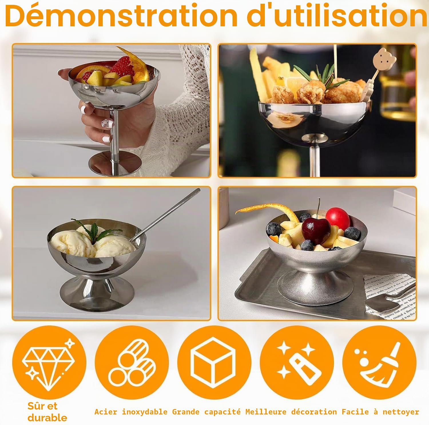 Tissting Coupe a Glace, 200ml Coupes à Glace, Bols à Crème Glacée,Coupes à Dessert Bol à Dessert pour Crème Glacée, Tasses en Acier Inoxydable pour les Desserts (4x Pieds hauts)