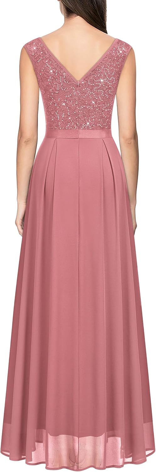 Miusol Women's Sexy Deep V-Neck Sequin Lace Double Sleeveless Evening Party Maxi Dress - Image 2