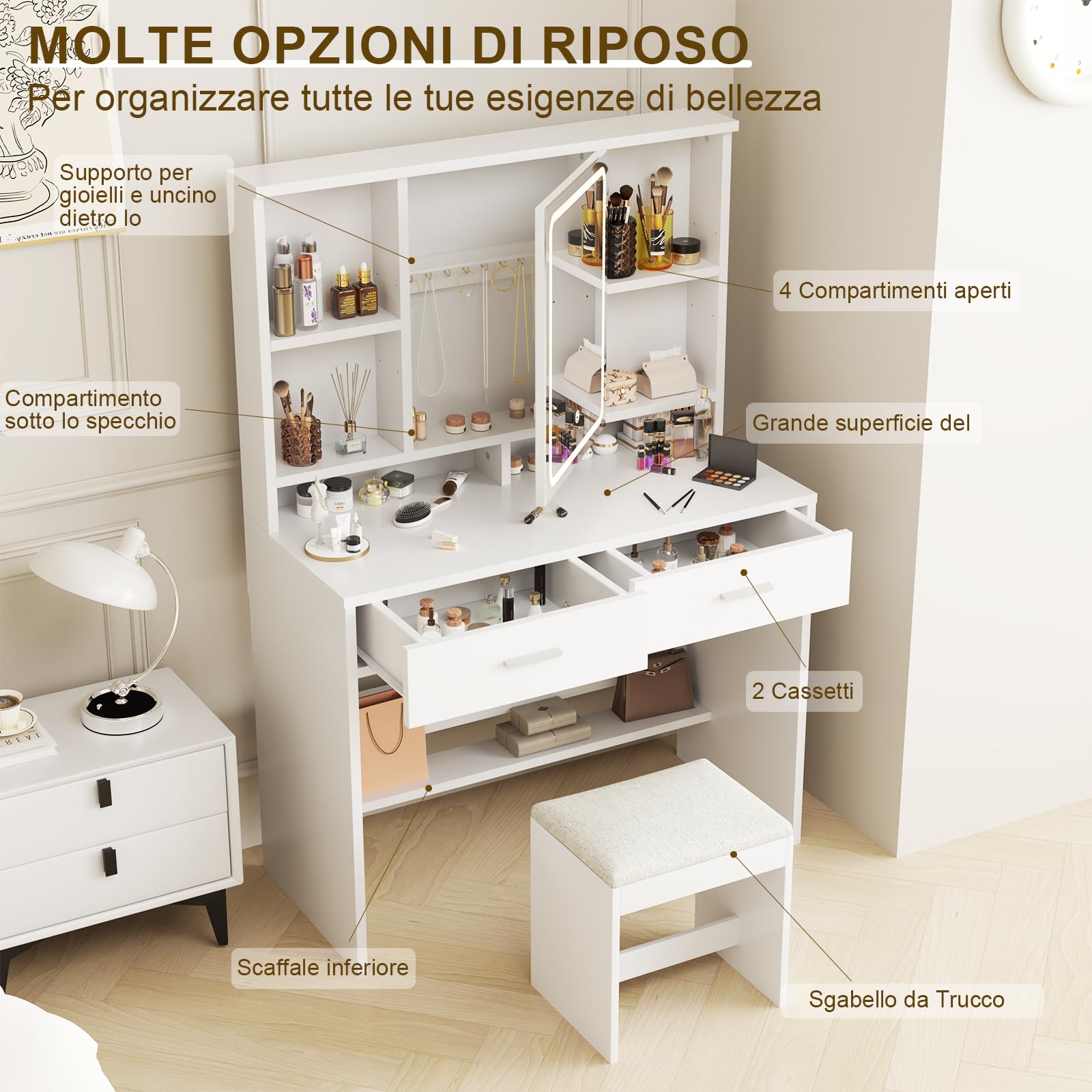 Airfish Toeletta da Trucco con Luci,3 Colori con Luminosità Regolabile,Postazione Trucco con Sgabello,Tavolo da Trucco con 2 Cassetti, Moderno Bianco