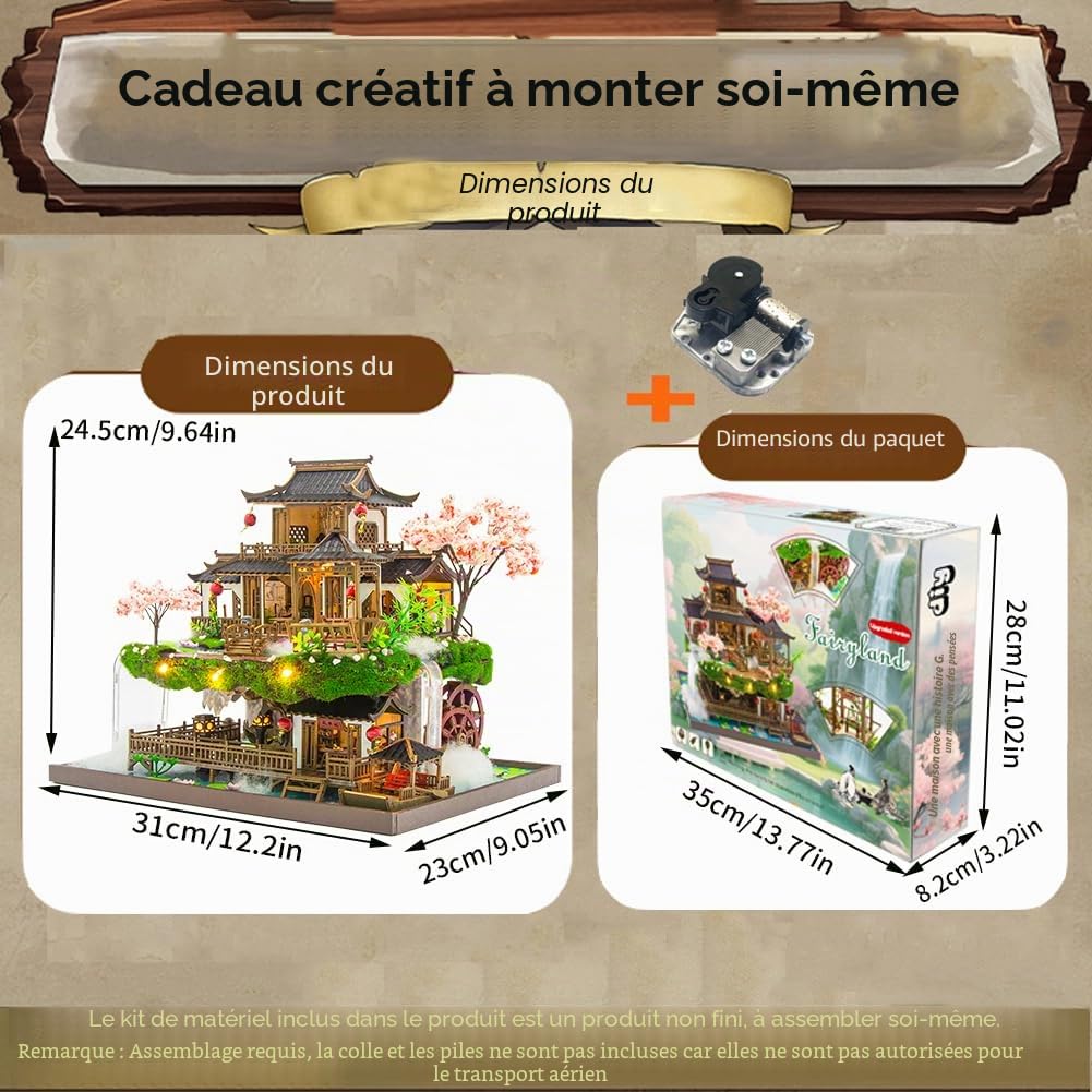 Kit maison de poupée miniature à monter soi-même à l'échelle 1:24 de style chinois maison de poupée maison de campagne pays des merveilles ancienne villa faite à la main modèle maison