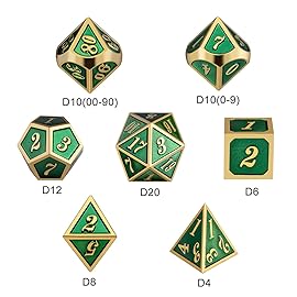 Metal Dice Set D&D, DNDND 7 Die Green DND Dice with Metal Case for Dungeons and Dragons Role Playing Game and Tabletop Games (Gold Number with Enamel Green)