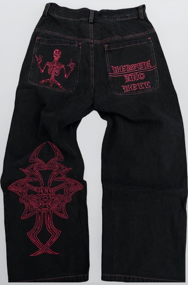 Y2K Beggy Jeans for Women Men Denim Pants Skull Embroidery Gothic Jeans Straight Wide Leg Trouser