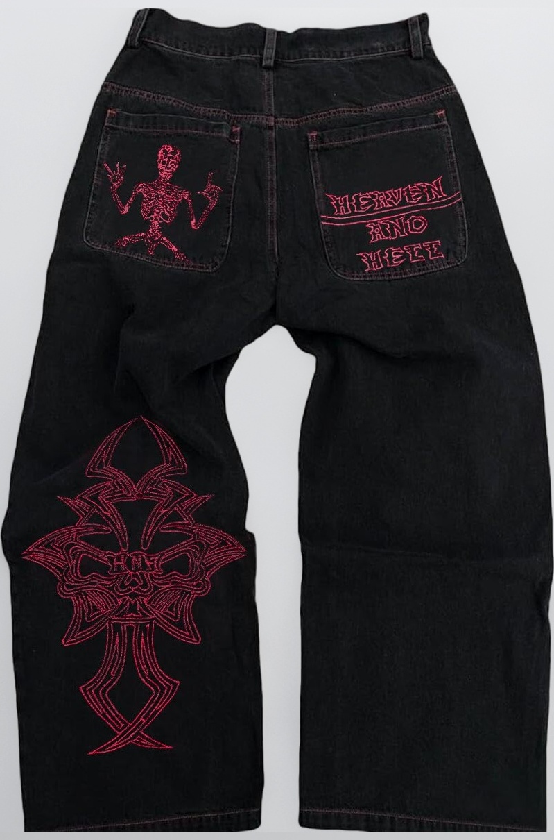 Y2K Beggy Jeans Men's Denim Pants Skull Embroidery Gothic Jeans Straight Wide Leg Trouser Hip Hop Streetwear