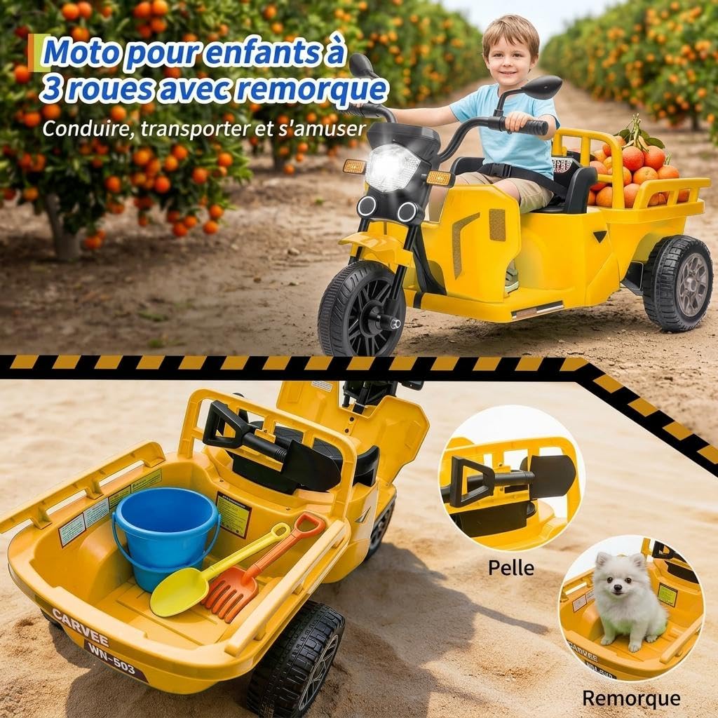Moto Électrique Enfants avec Remorque et Benne-Pelle, 12V Voiture Électrique Enfants avec Musique et Bluetooth, Tuk-Tuk Électrique Enfant Voyant d'alimentation, LED, USB&AUX, 3+ Ans (Jaune)