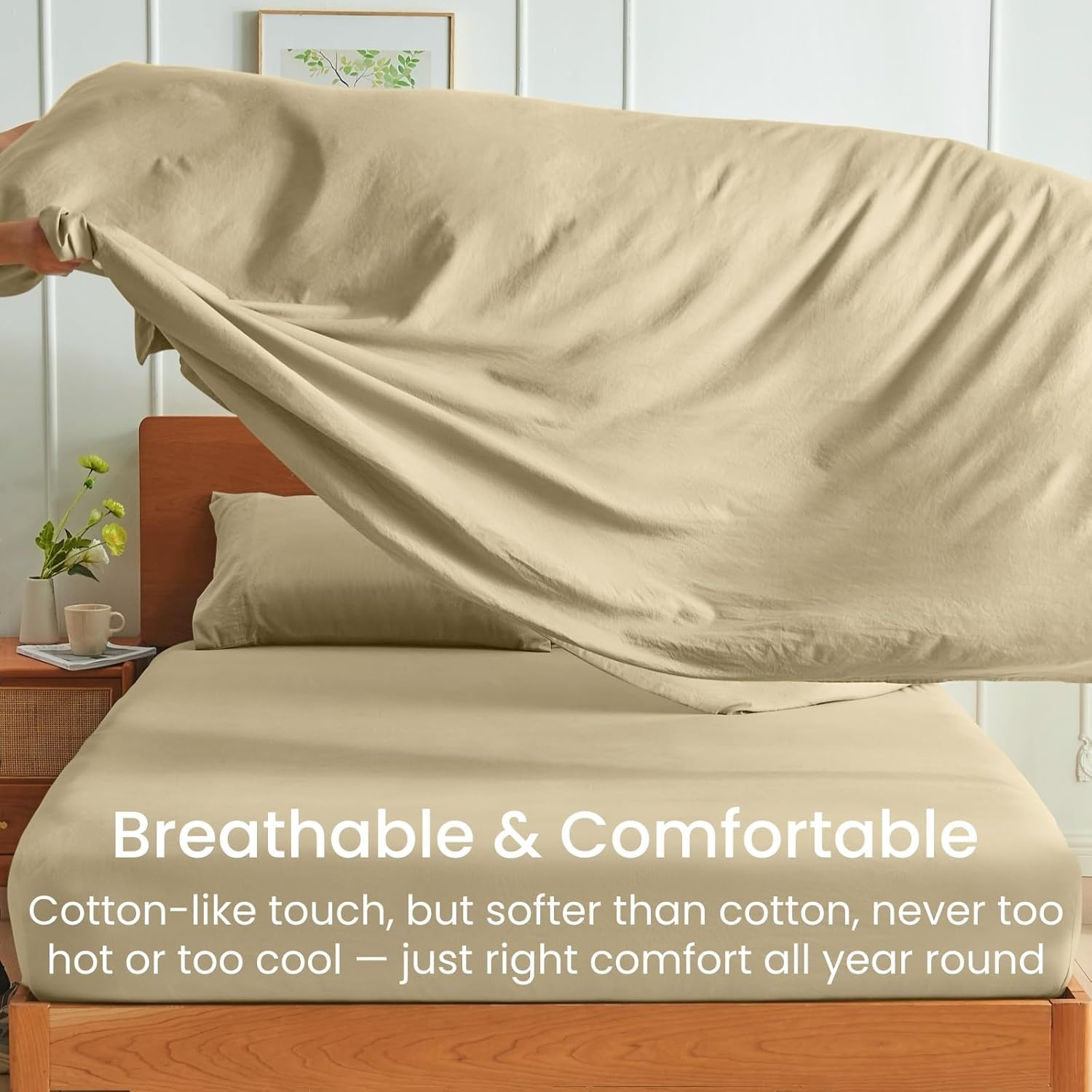 GOKOTTA 4-Pcs King Size Sheets Set, 10-16" Deep Pocket, Non-Slip Elastic Corner Straps, Washed & Brushed Microfiber Polyester - Hotel Luxury, Ultra Soft, Breathable, Wrinkle-Free, Hypoallergenic - Tan - Image 7