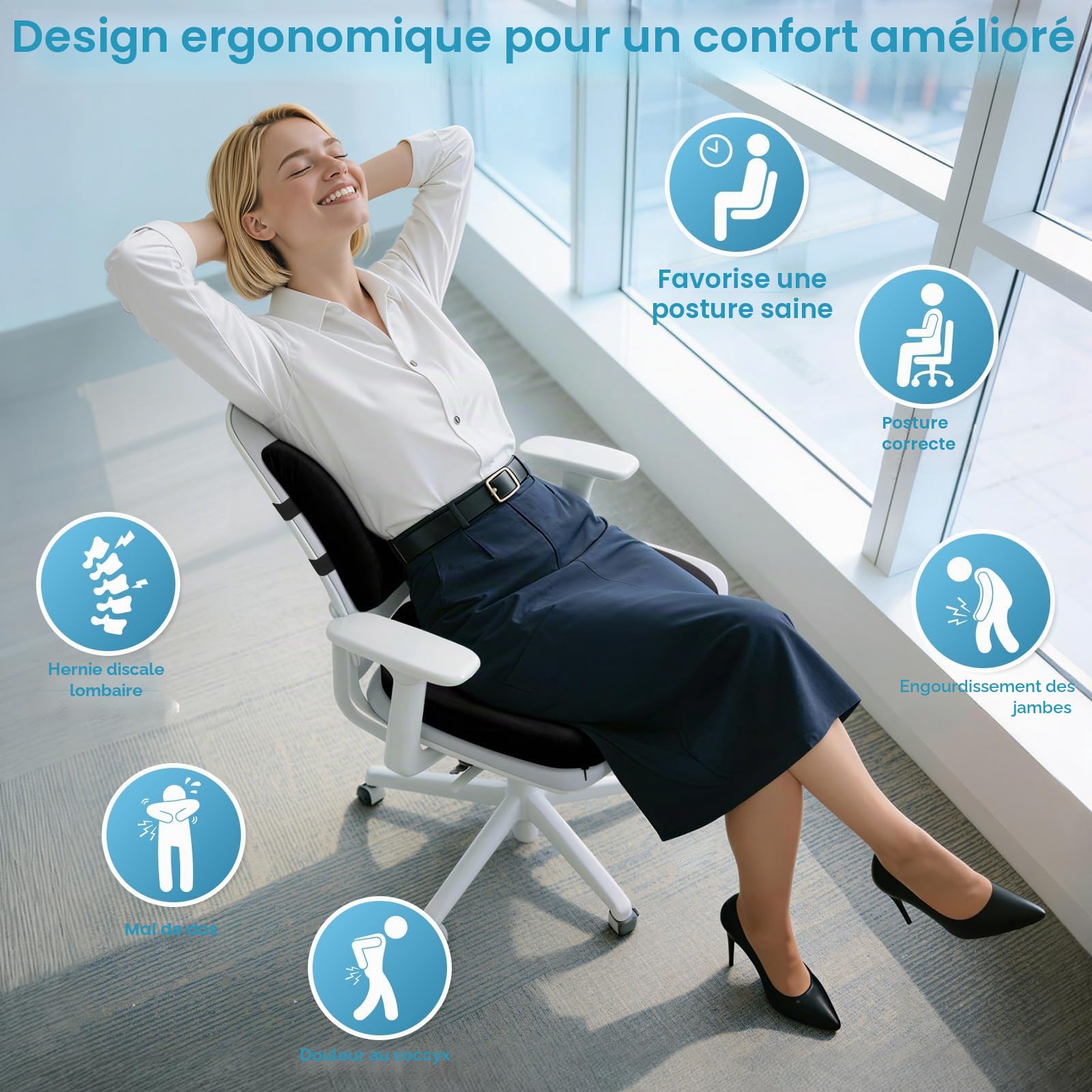 CushZone Coussin de siège, coussin de soutien lombaire avec sangle réglable - Coussins de chaise pour soulager la douleur sciatique - Avec housse lavable en mousse à mémoire de forme pour voiture,