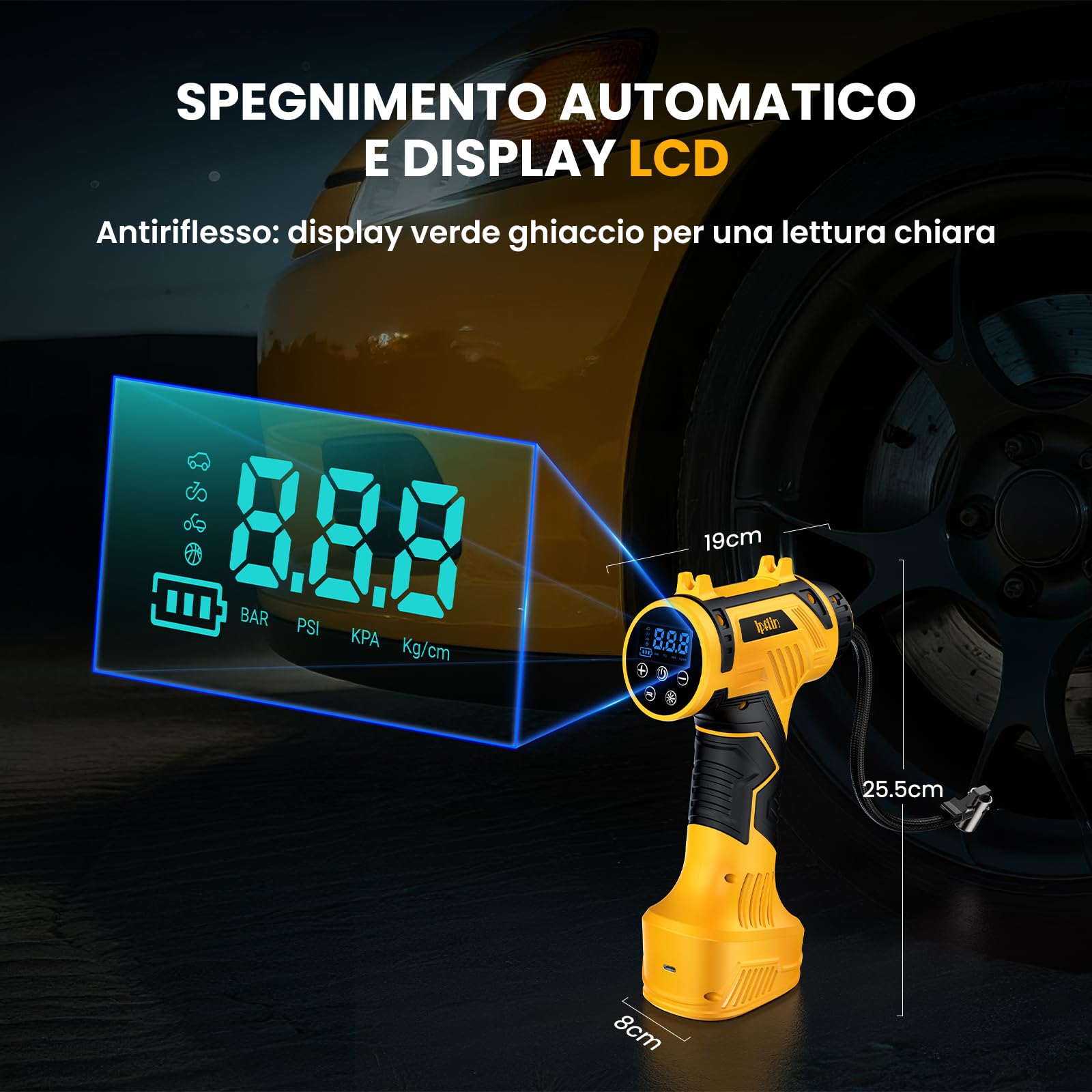 Compressore Aria Portatile – 150PSI 22L/Min Mini Compressore Portatile | Compressore Auto 12V Gonfiatore Elettrico con Spegnimento Automatico, Display LCD, LED, per Auto, Bici, Moto, Palloni