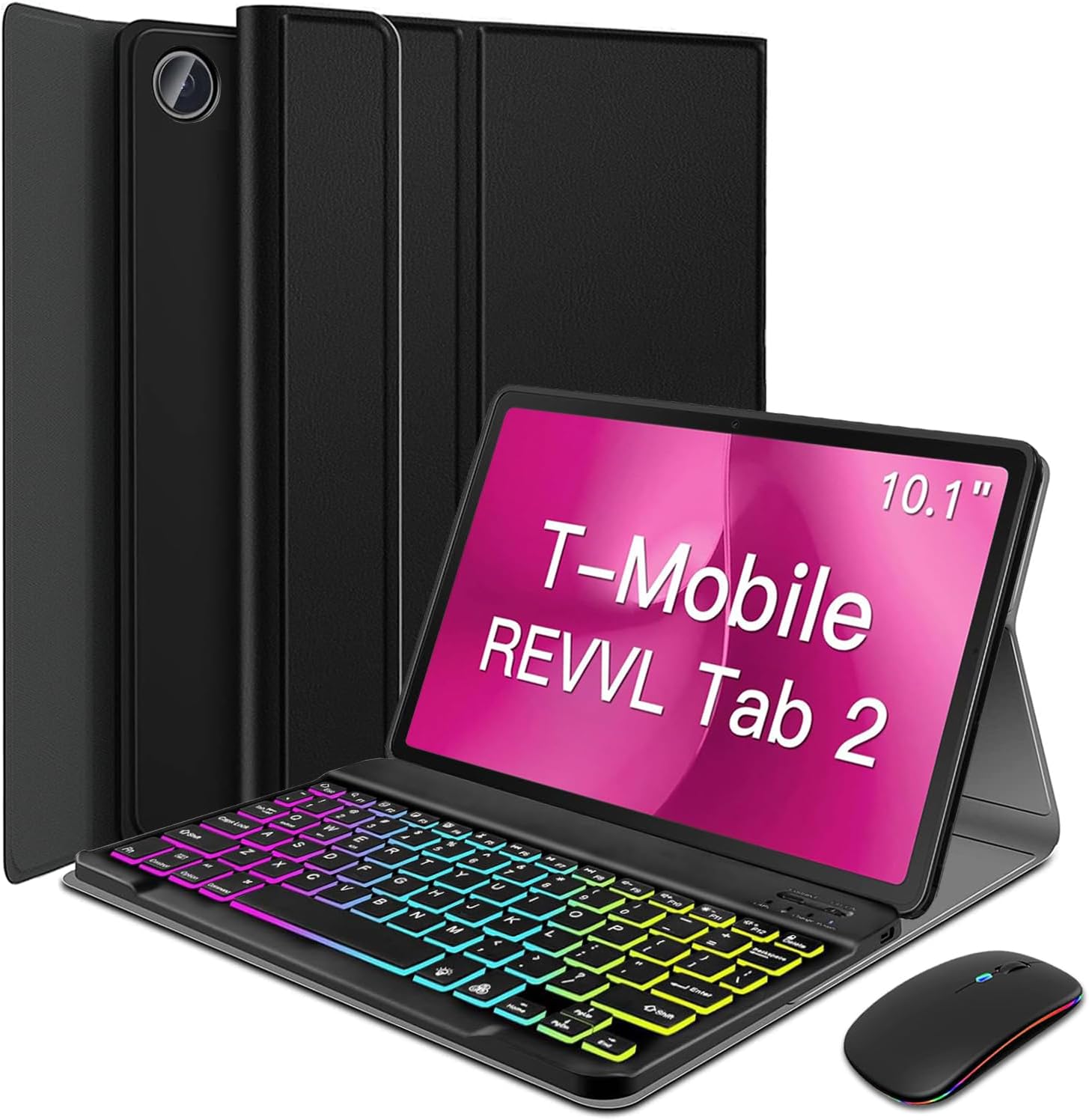 Backlit Keyboard Case for T-Mobile REVVL Tab 2 10.1 Inch (2025), Rainbow Backlight Detachable Wireless Keyboard with PU Leather Folio Case for 10.1” T-Mobile Revvl Tab 2 5G