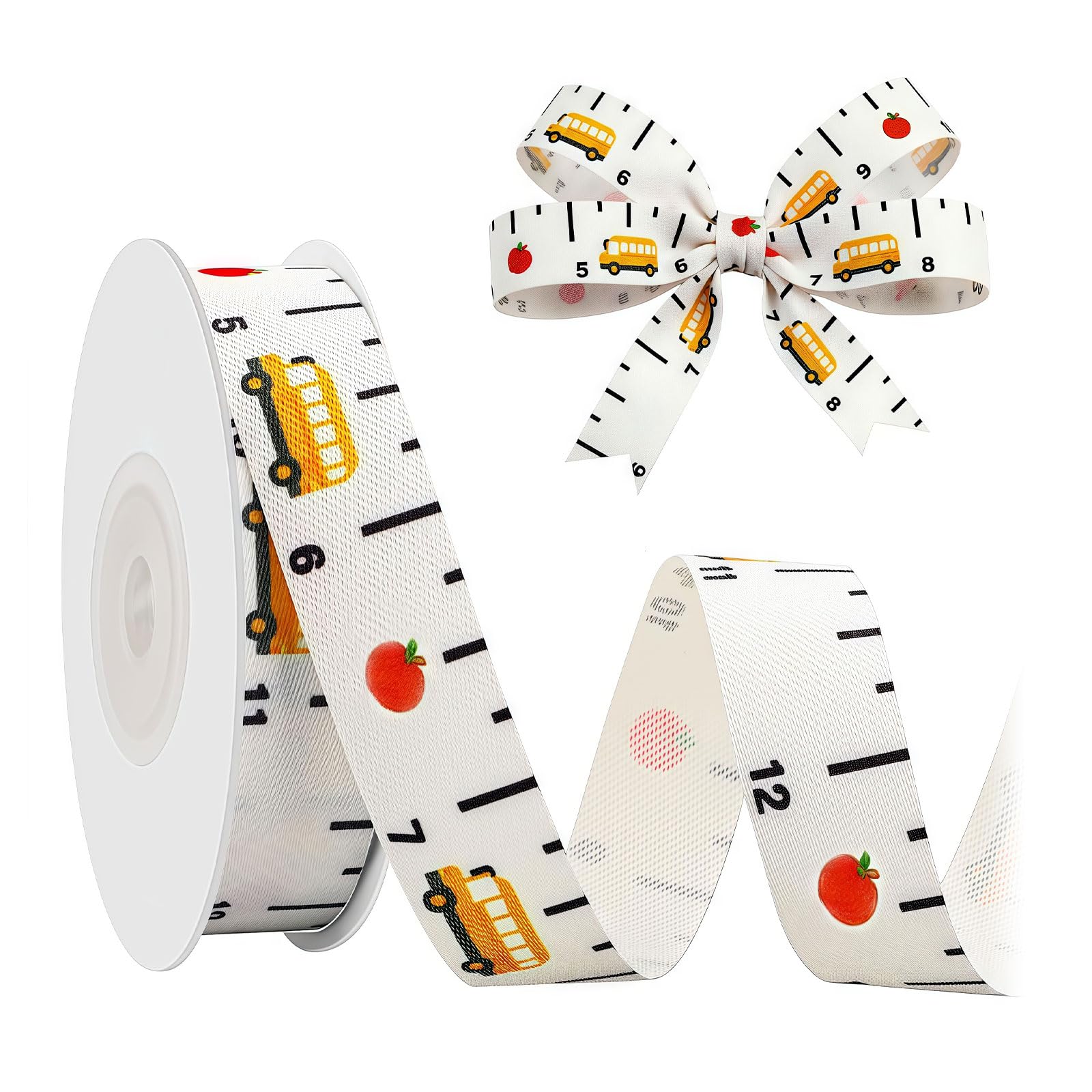 Ruispeed Ruler Ribbon 1.6cm X 9.1m, Cotton School Ribbon for Gift Wrapping, Crafting, Teacher Appreciation, DIY Projects with Pencil Apple Bus Patterns