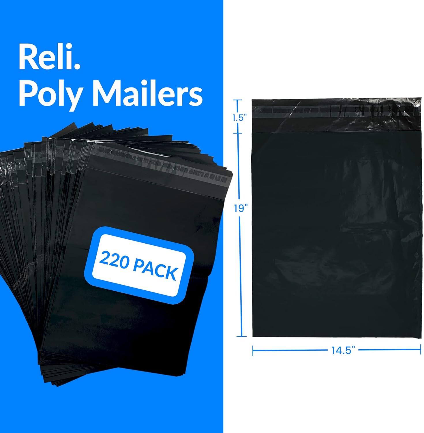 Reli. (220 Pcs) 14.5x19" Black Poly Mailers | Shipping Bags for Small Business | Black Mailing Bags for Shipping | Packaging for Clothing | Non-Padded Envelopes/Polybag, Self Sealing