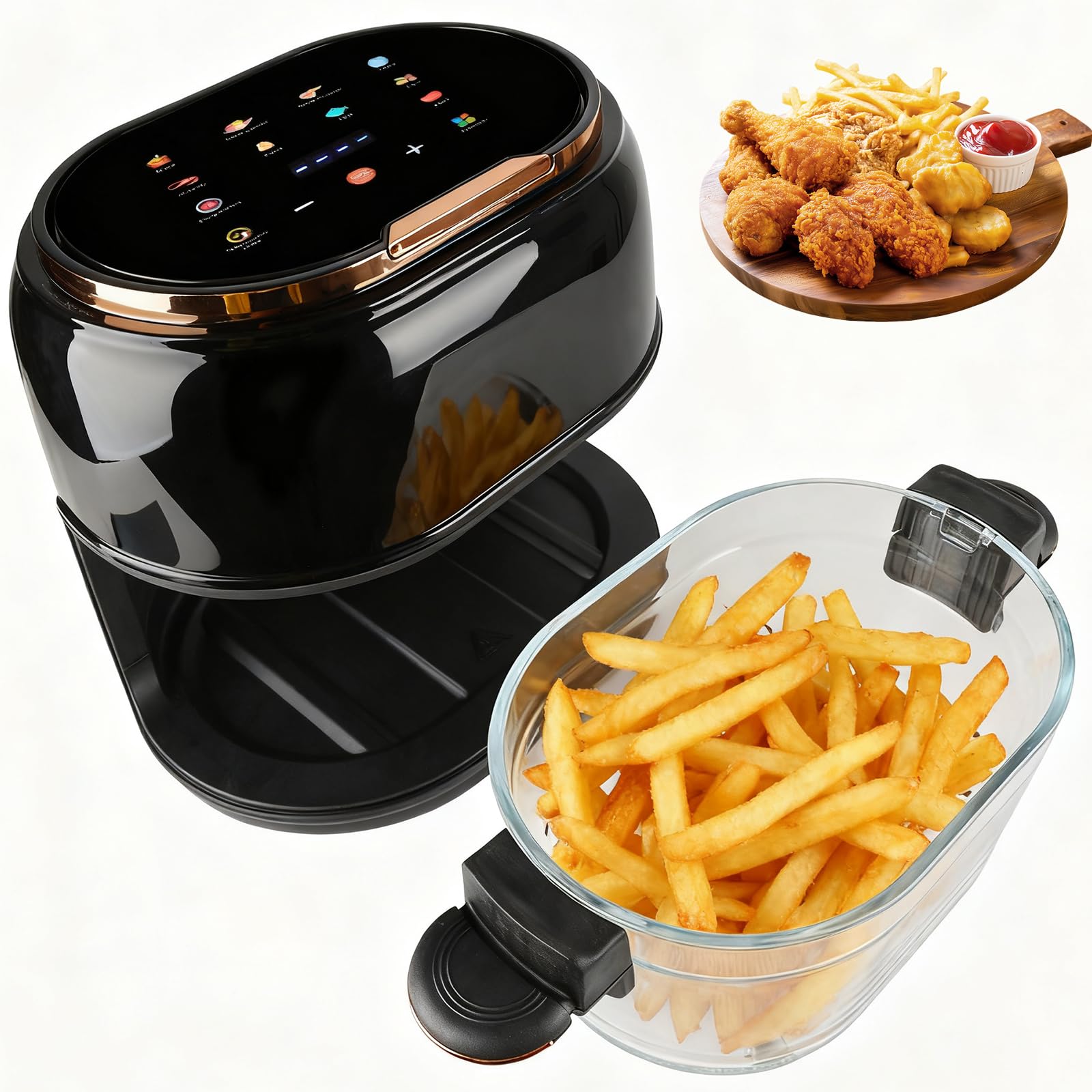 Freidora de aire caliente 5L Airfryer, 9-en-1 con cesta de vidrio y pantalla táctil LED, temporizador de 24h, ventana de visualización, cocina sana y baja en grasa para la familia, apta para