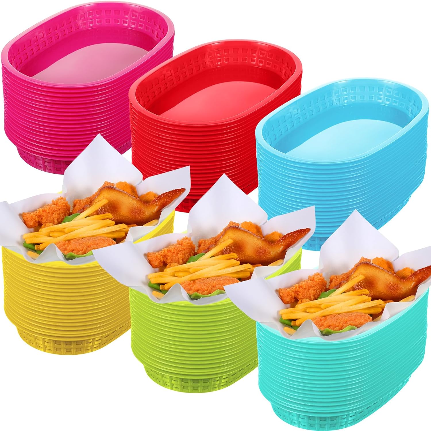 Thyle 120 Pieces Fast Food Basket Oval Colorful Plastic