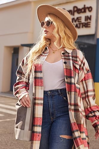 Miniatura 3 de IN'VOLAND Camisas de franela a cuadros de talla grande para mujer, manga larga, con solapa, estilo novio, con botones, chaqueta larga de tartán