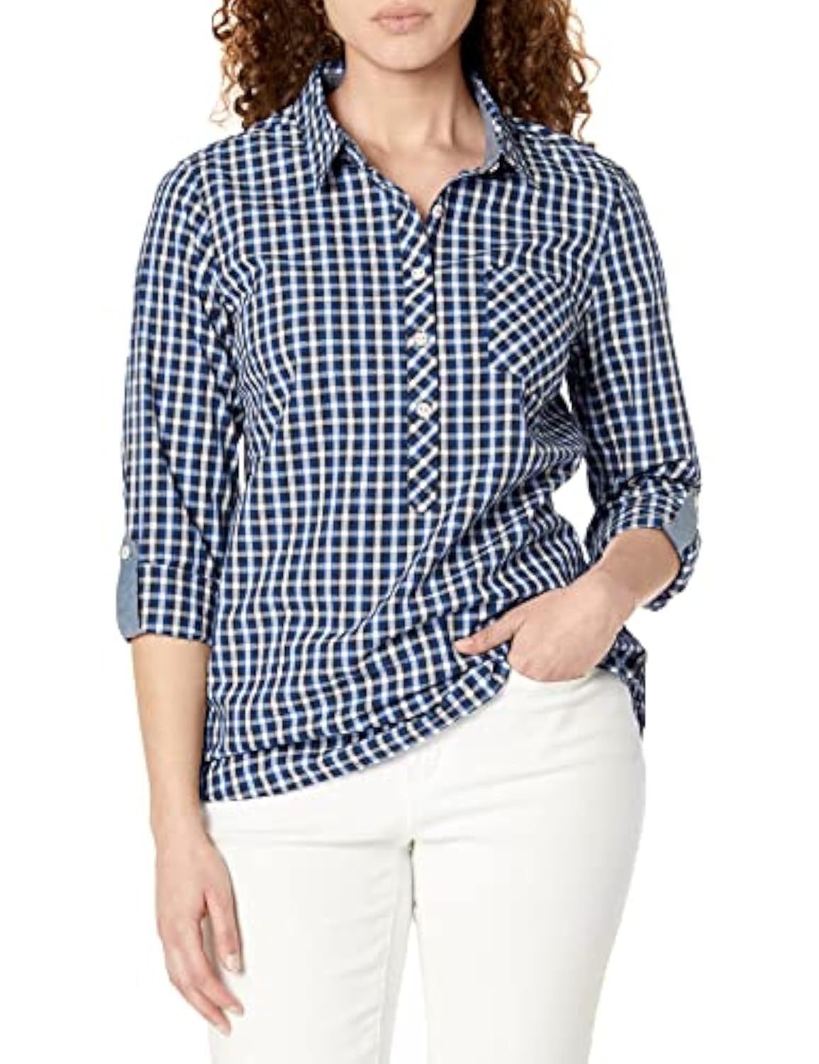 Tommy Hilfiger Blouse Casual Check Roll Tab Long Sleeve Chemise Femme