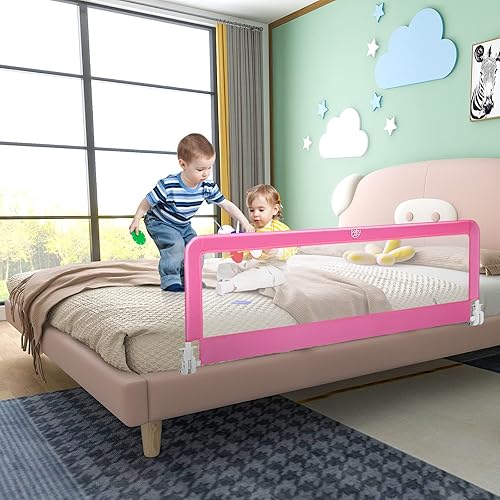 Miniatura 2 de BABY JOY Rieles de cama para niños pequeños, 59 pulgadas, extra largo, protector de cama abatible con correas de seguridad, barandilla plegable para