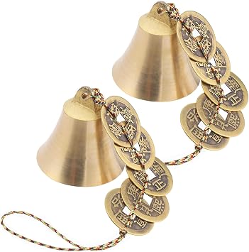 2 PCS Hanging Bells for Door, Feng Shui Coins, Chinese Feng Shui Bell Wind Chime, Brass Hanging Decor with Coins for Wealth Protection Good Luck, Indoor Outdoor Car Decor