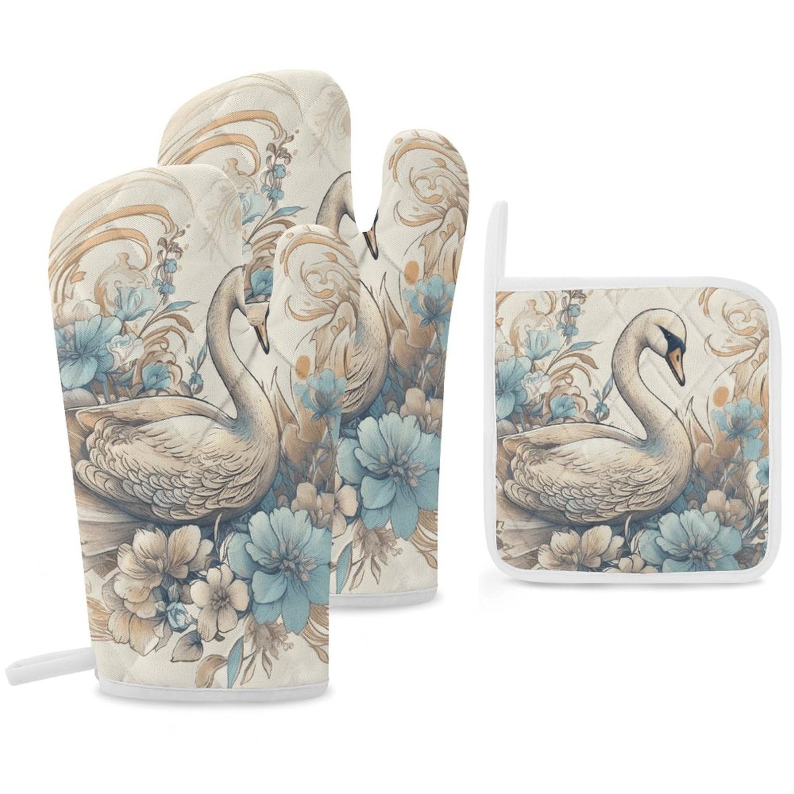 Gants de cuisine et maniques fleurs et cygnes résistants à la chaleur