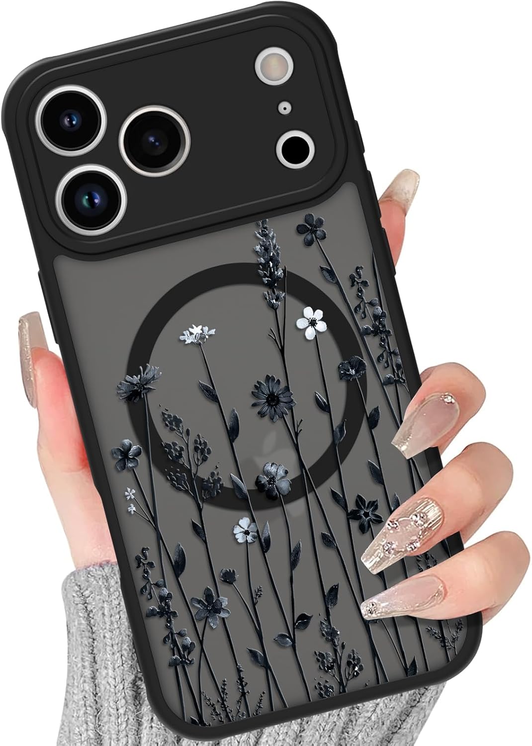 BITOBE Floral Case for iPhone 17 Pro [Compatible with MagSafe] Cute Flower Pattern Case for Women Girls Soft TPU Bumper Translucent Magnetic Slim Protective Cover - Ink Flowers