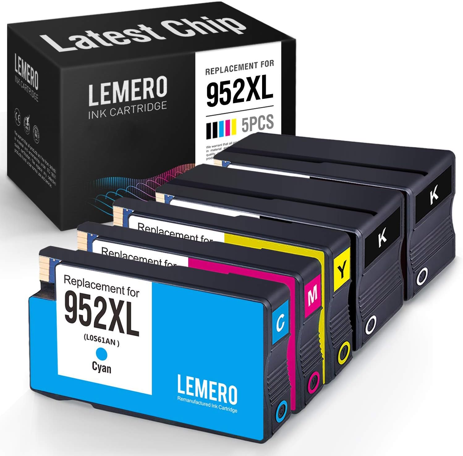 LEMERO Remanufactured Ink Cartridge Replacement for HP 952 952XL (Black, Cyan, Yellow, Magenta, 5-Pack)