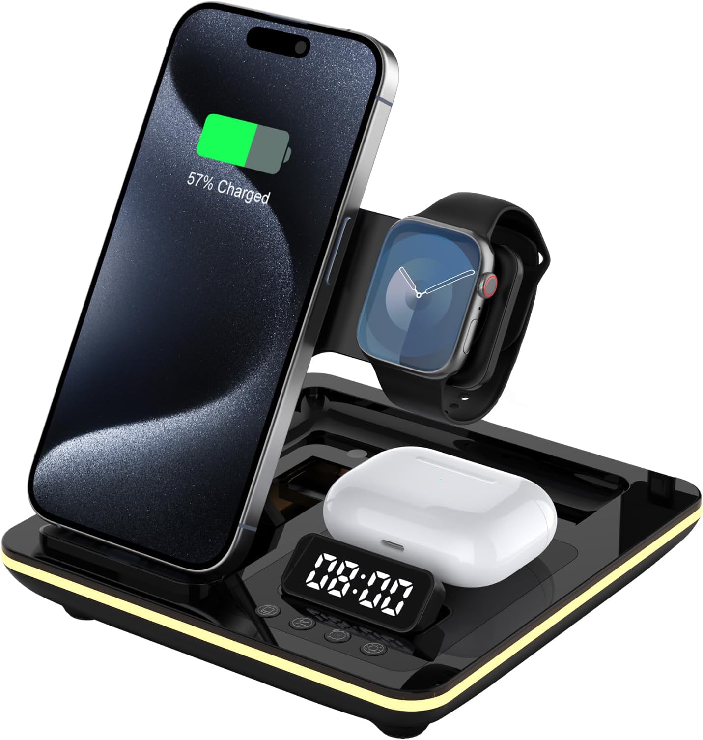 Aimtel 5 in 1 Foldable Charging Station Compatible with Apple Watch Ultra 3/Ultra 2/Watch SE 3,for iPhone 17/17 Pro/17 Pro Max,Air-Pods Pro 4/3/2 with Alarm Clock and Nightlight Apple Wireless Charger