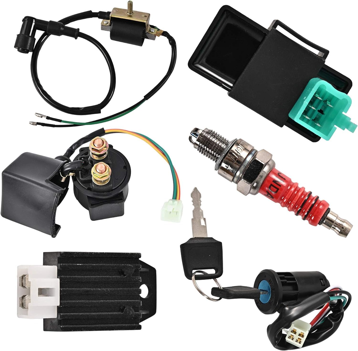 Trkimal Bobina completa de estator eléctrico, arnés de cableado CDI, interruptor de encendido, relé solenoide, bujía para ATV 50 cc 125 cc, Pit Quad, Dirt Bike, Go Kart