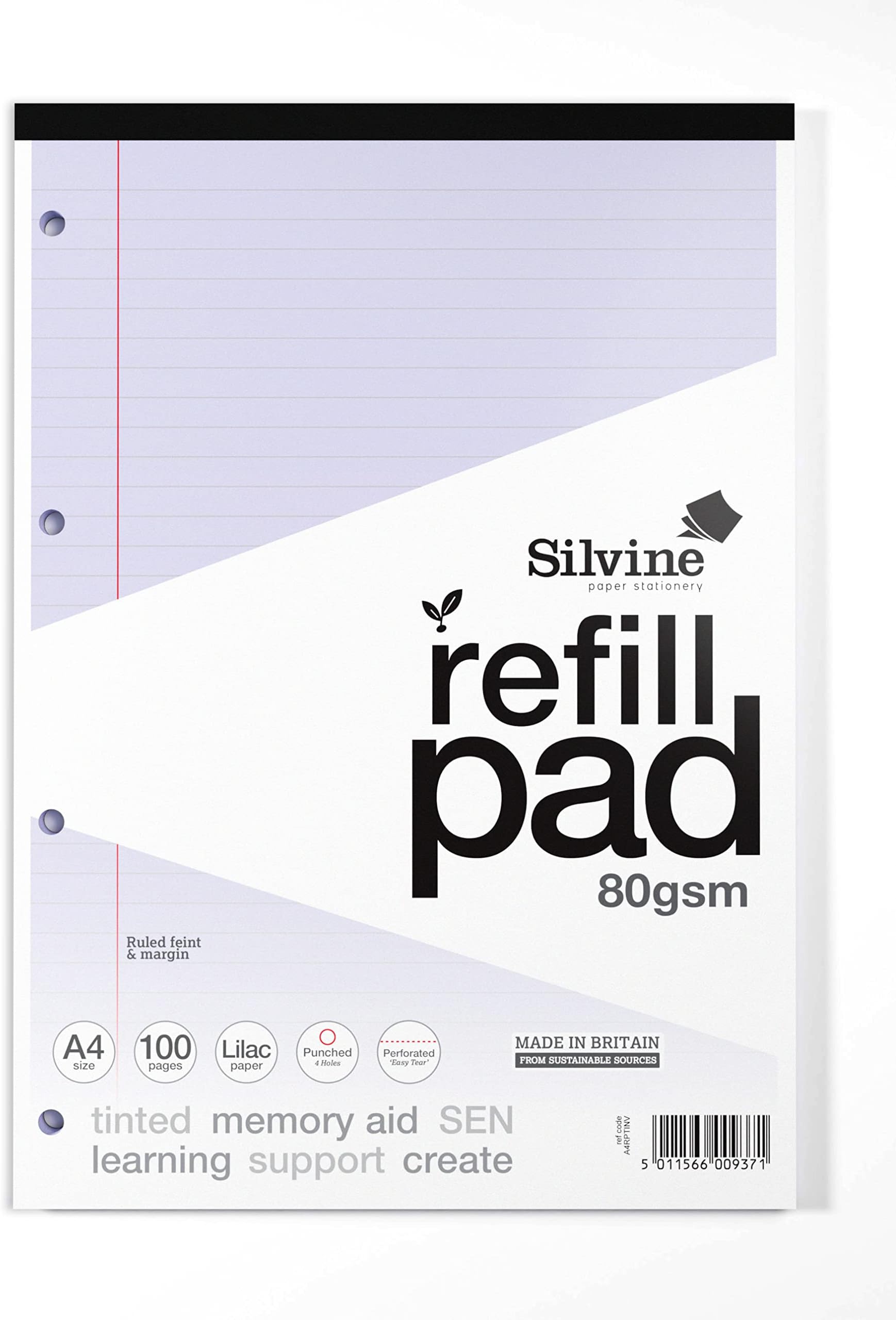 Silvine A4 Lilac Paper Dyslexia Refill Pad - Lined with Margin (100 Pages)