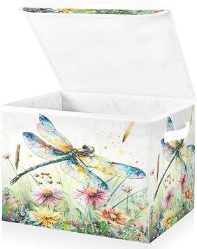 senya Baskets Collapsible Storage Bins with Lids, Dragonfly Wildflowers Painting Storage Boxes Clothes Baskets for Organizing