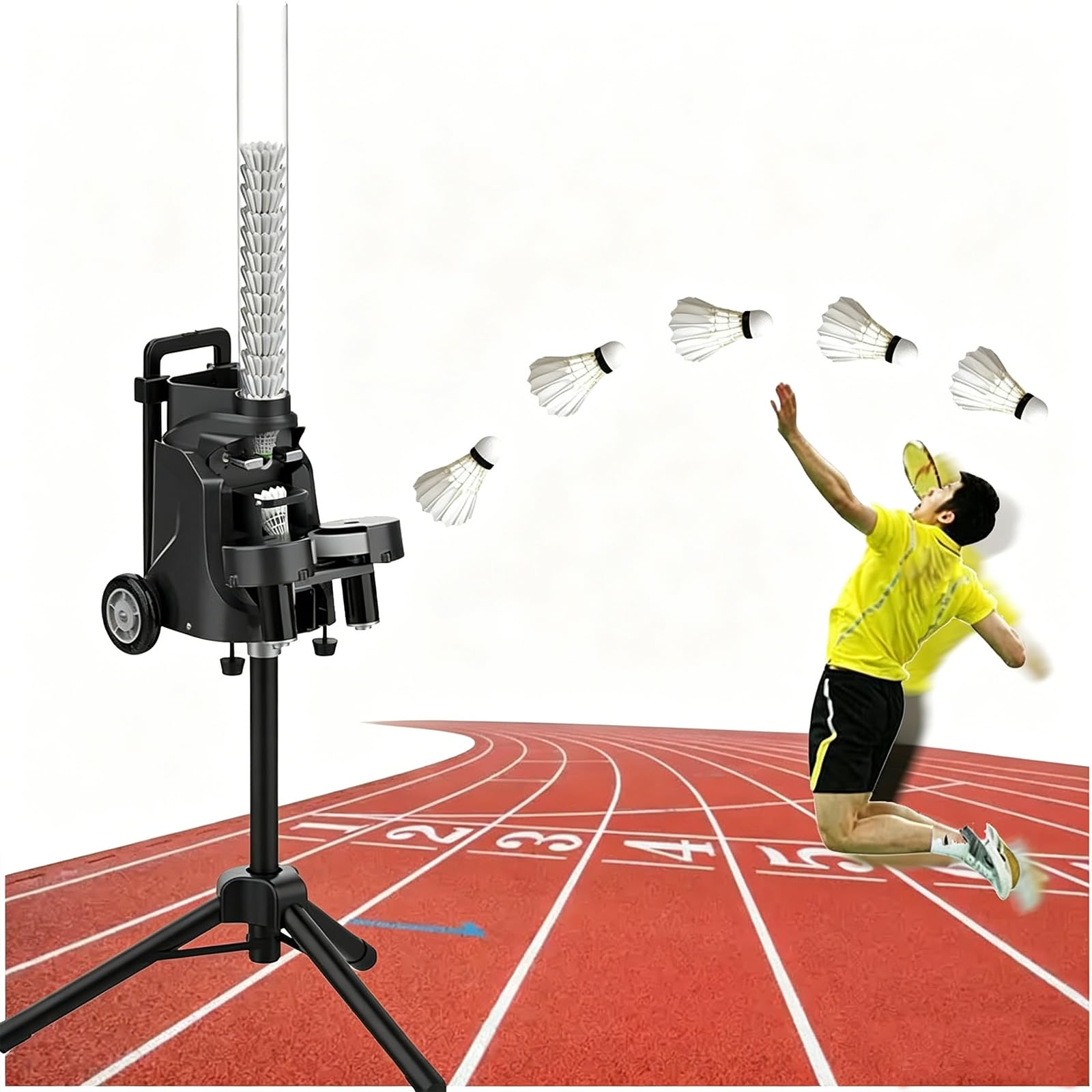 Máquina de servir bádminton portátil con capacidad de 52 volantes, lanzador controlado por aplicación con velocidad y ángulo ajustables para práctica en casa y club