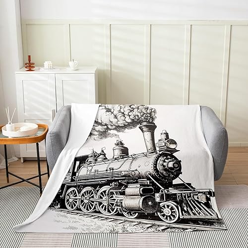 Erosebridal Train Flannel Blanket 40x50 Steam Engine Train Throw Blankets for Kids Boys Girls Teens Retro Vintage Trains Sofa Bed Couch Decor