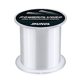 RUNCL PowerFluoro Fishing Line, 100% Fluorocarbon Coated Fishing Line, Hybrid Line - Virtually Invisible, Faster Sinking, Low Stretch, Extra Sensitivity, Abrasion Resistance (300Yds, 28LB(12.7kgs))