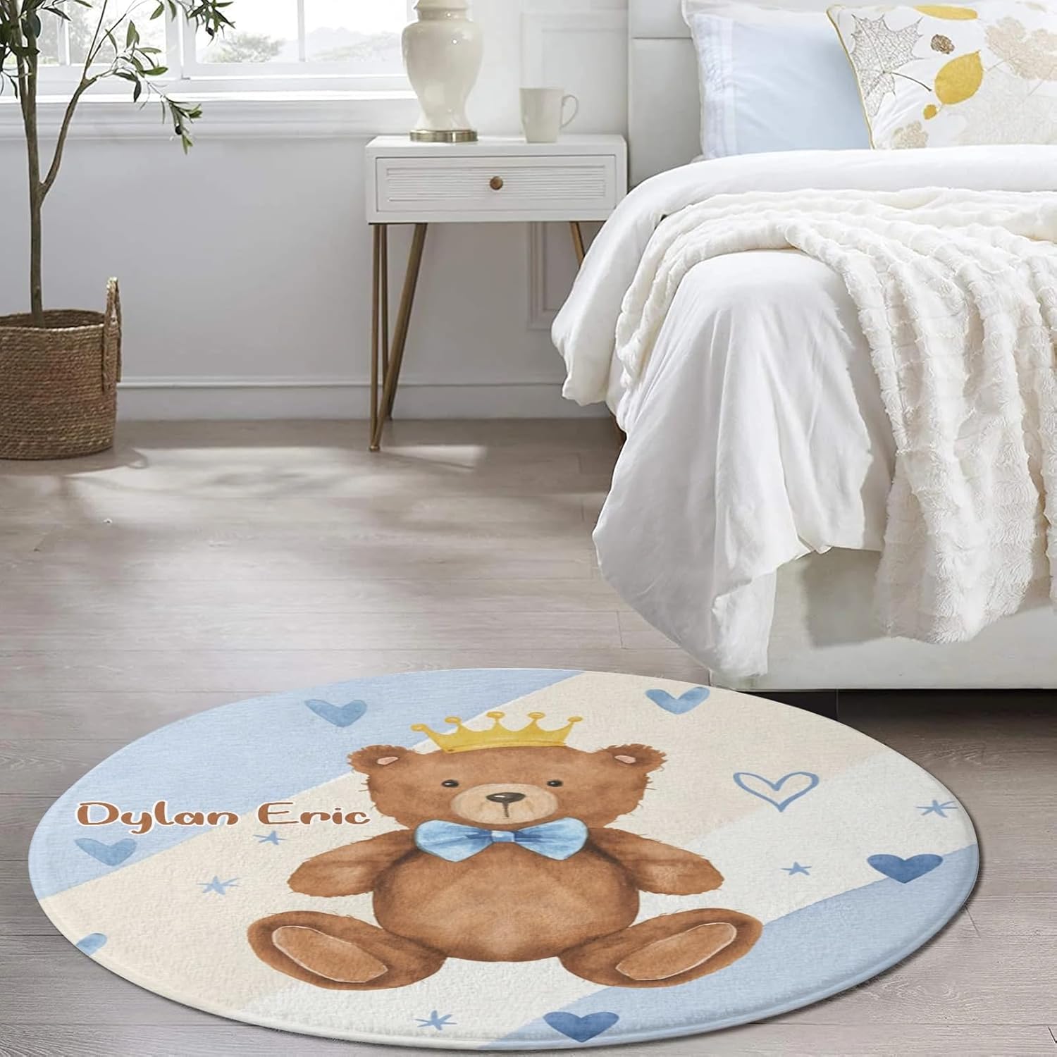 Personalized Cute Bear Custom Round Area Rug Baby Crawling Floor Mats Gifts for Boys Girls Babies with Names Nursery Bedroom Living Room Decor 39.4x39.4Inch