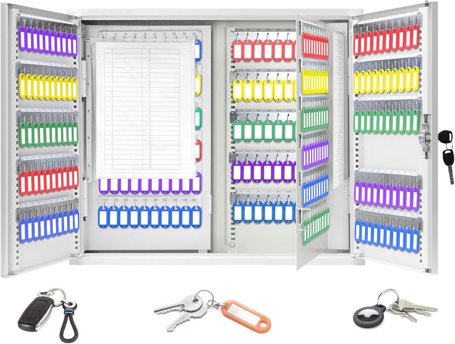 440 Keys Dual-Door Key Lock Box Wall Mount with 20 Adjustable Hook Plates, Numbered Hooks and Tags, Steel Key Cabinet with Index Log, Key Storage Box Key Organizer for Garage Home Office, White