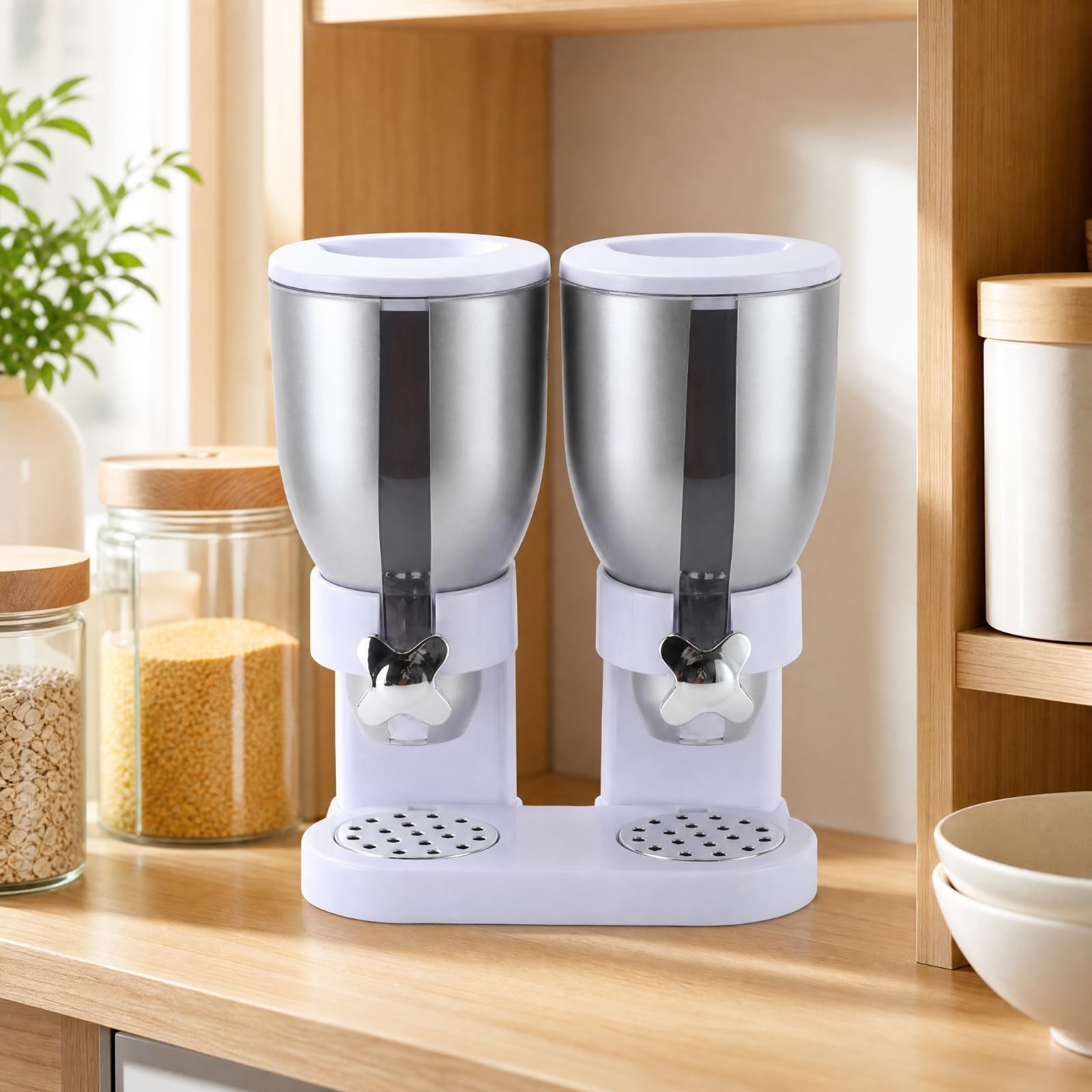 Dispensador Cereales y Granos Acrílico Calidad Alimentaria Organizador Cocina Compacto para Estación sayuno, Plata 4L Doble
