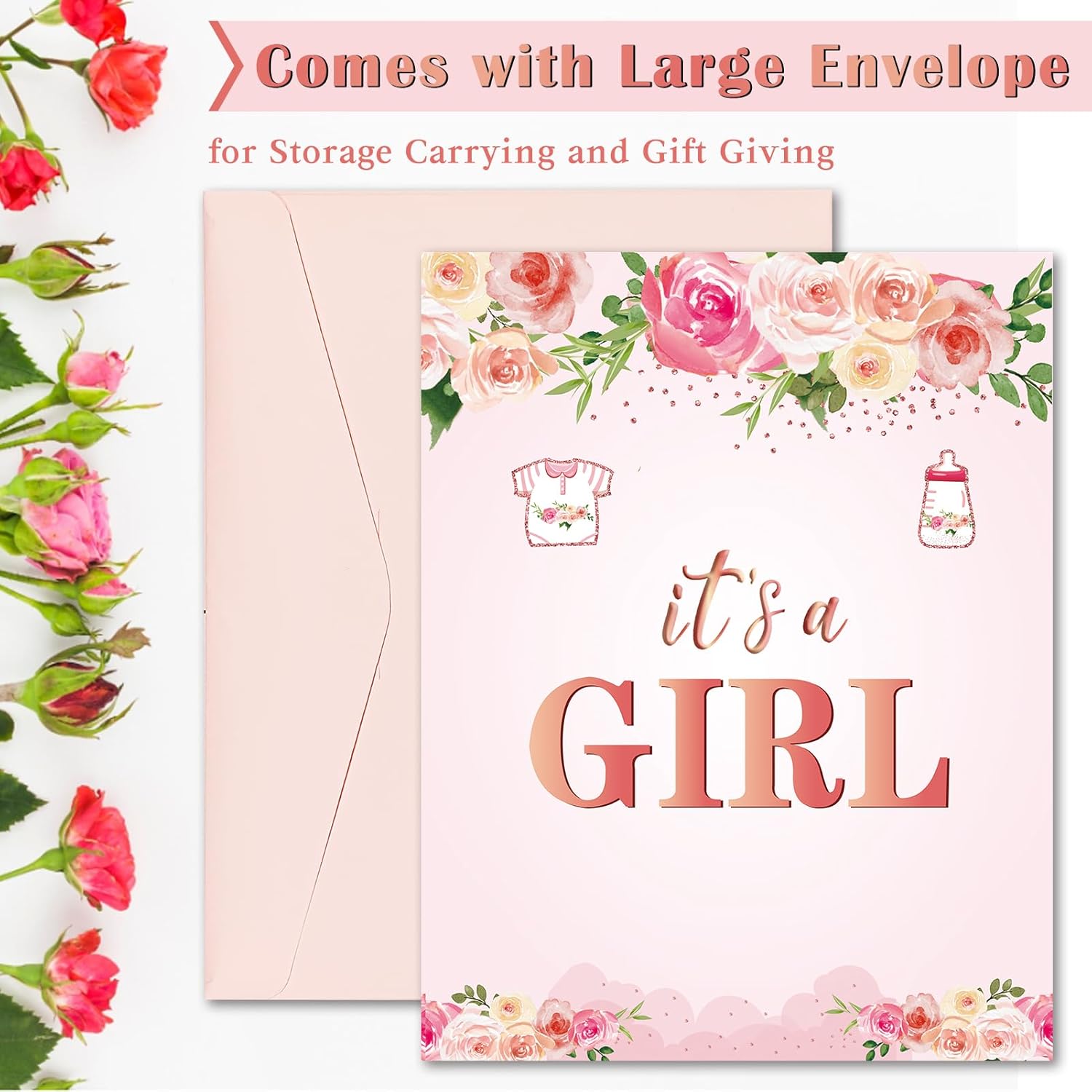 Large Baby Shower Card with Envelope for Girls, Giant Floral It's a Girl Baby Shower Decorations, Pink Guest Book Greeting Card Pregnancy Announceme Party Supplies - Image 3