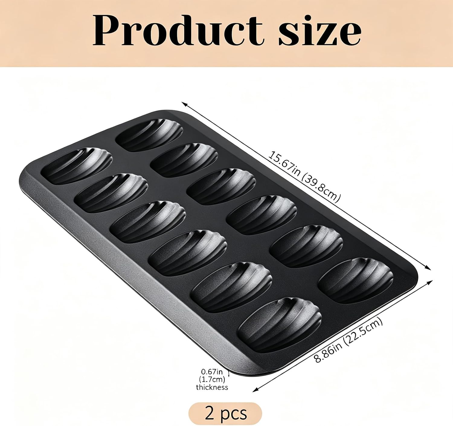 Nonstick Madeleine Pan 2 Pack, 12-Cavity Shell Shape Baking Tray Mold, Carbon Steel Oven Bakeware for Madeleines, Cookies and Candy, Black