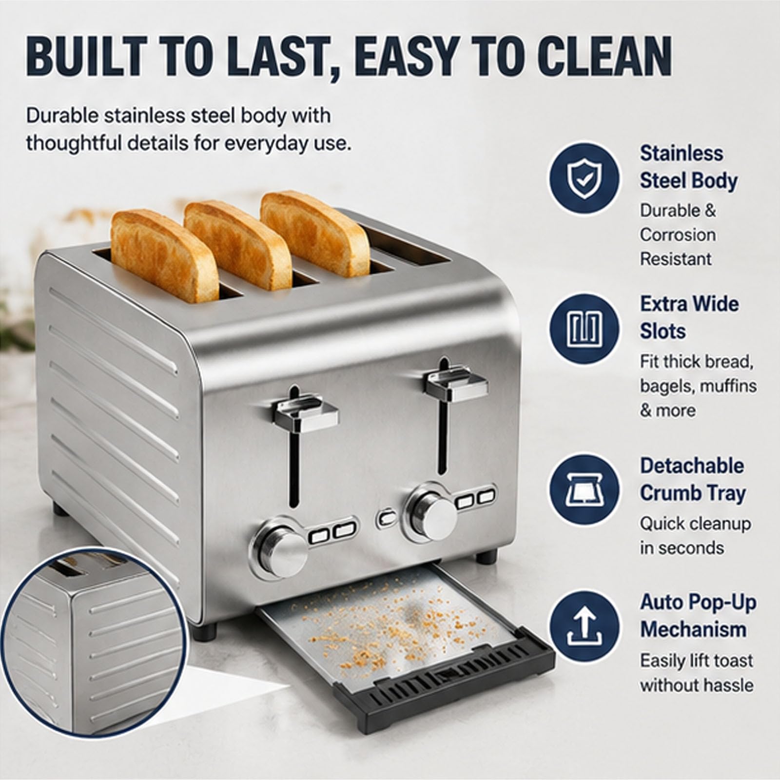 Tostadora commerciale a 4/6 slot, tostapane automatico pop-up con 7 ° impostazioni di abbronamento, annullare/scongelare/avvio a un tasto, vassoio di briciola rimovibile, per muffin, vass 4slices
