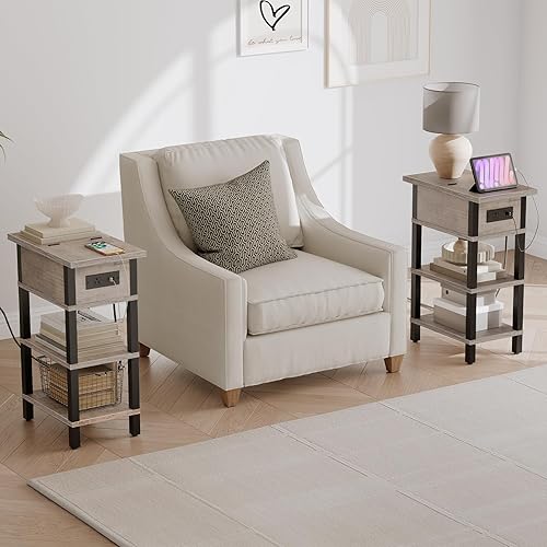 Miniatura 9 de HOOBRO Mesa auxiliar con estación de carga, mesa auxiliar abatible con puertos USB, mesitas de noche estrechas con estantes de almacenamiento, para