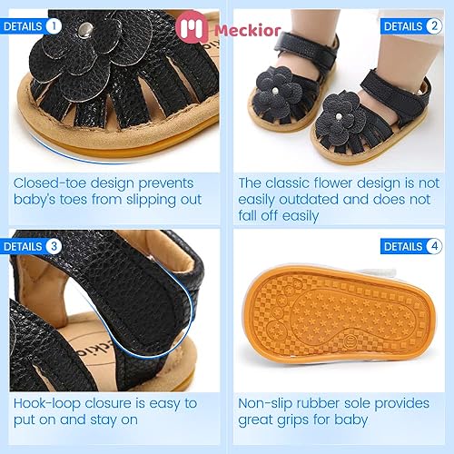 Miniatura 5 de Meckior Sandalias de verano de piel sintética con punta abierta suave para bebés, niñas pequeñas y niñas pequeñas, con flores, princesas, planas